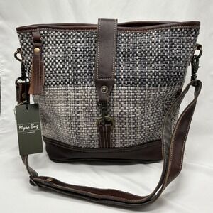 Myra Bag Rough Textured Shoulder Purse Leather Trim Denim Adjustable Strap NEW